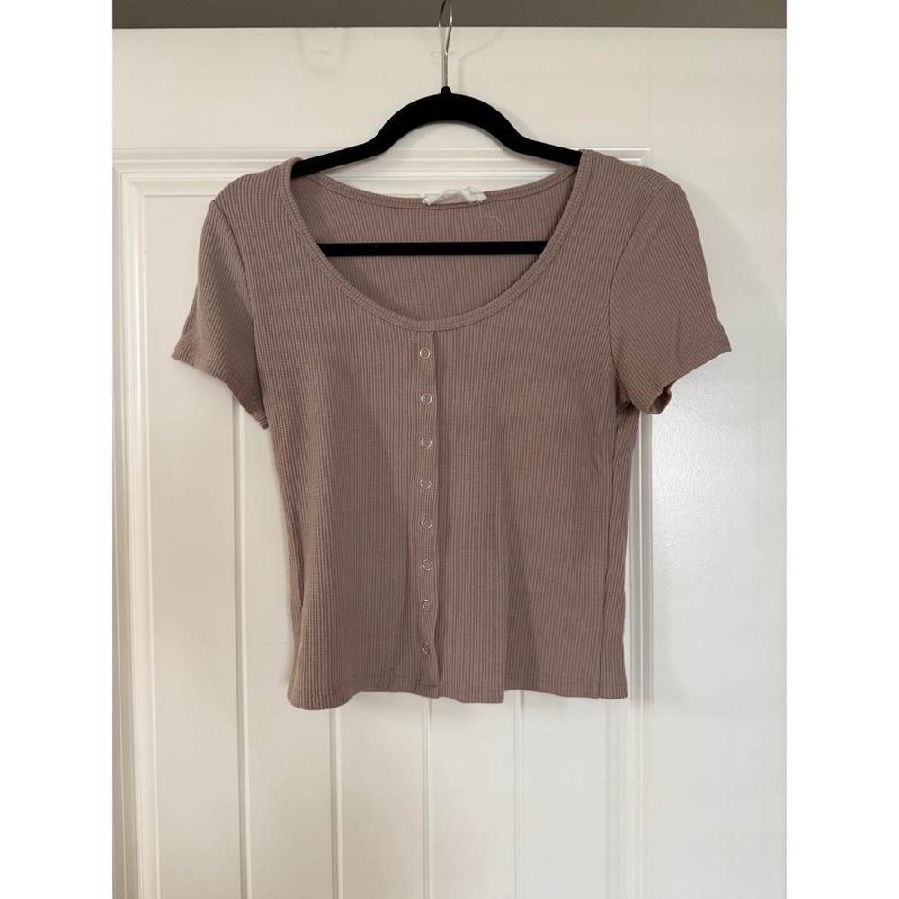 Women's Ribbed Button-Down Top - Taupe